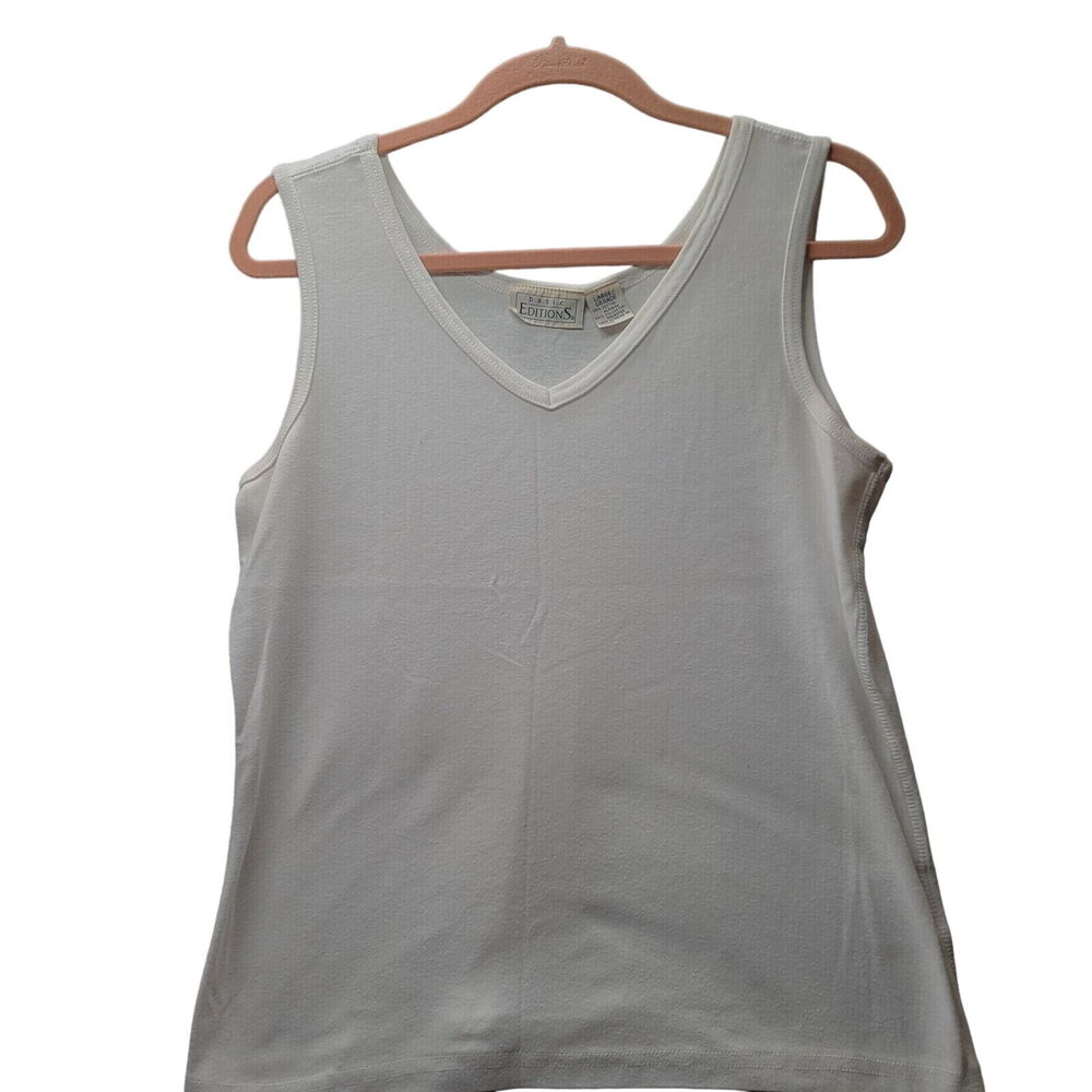 Basic Editions Womens Tank Top White Size Large Cotton/Polyester Blend Pullover